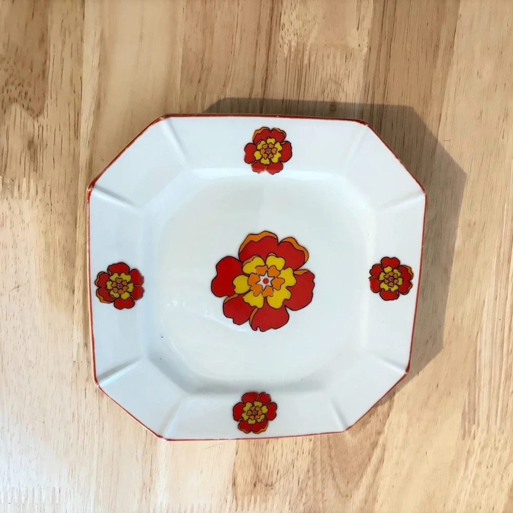 Vintage 1970s Japanese Octagonal Salad Plates Retro Flower Power Set of 4